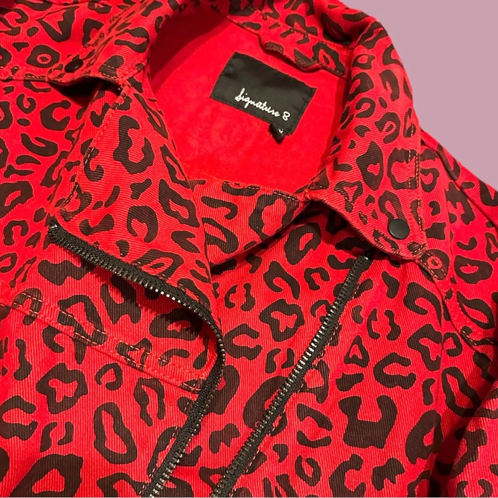 Red Leopard Print Denim Motorcycle Jacket